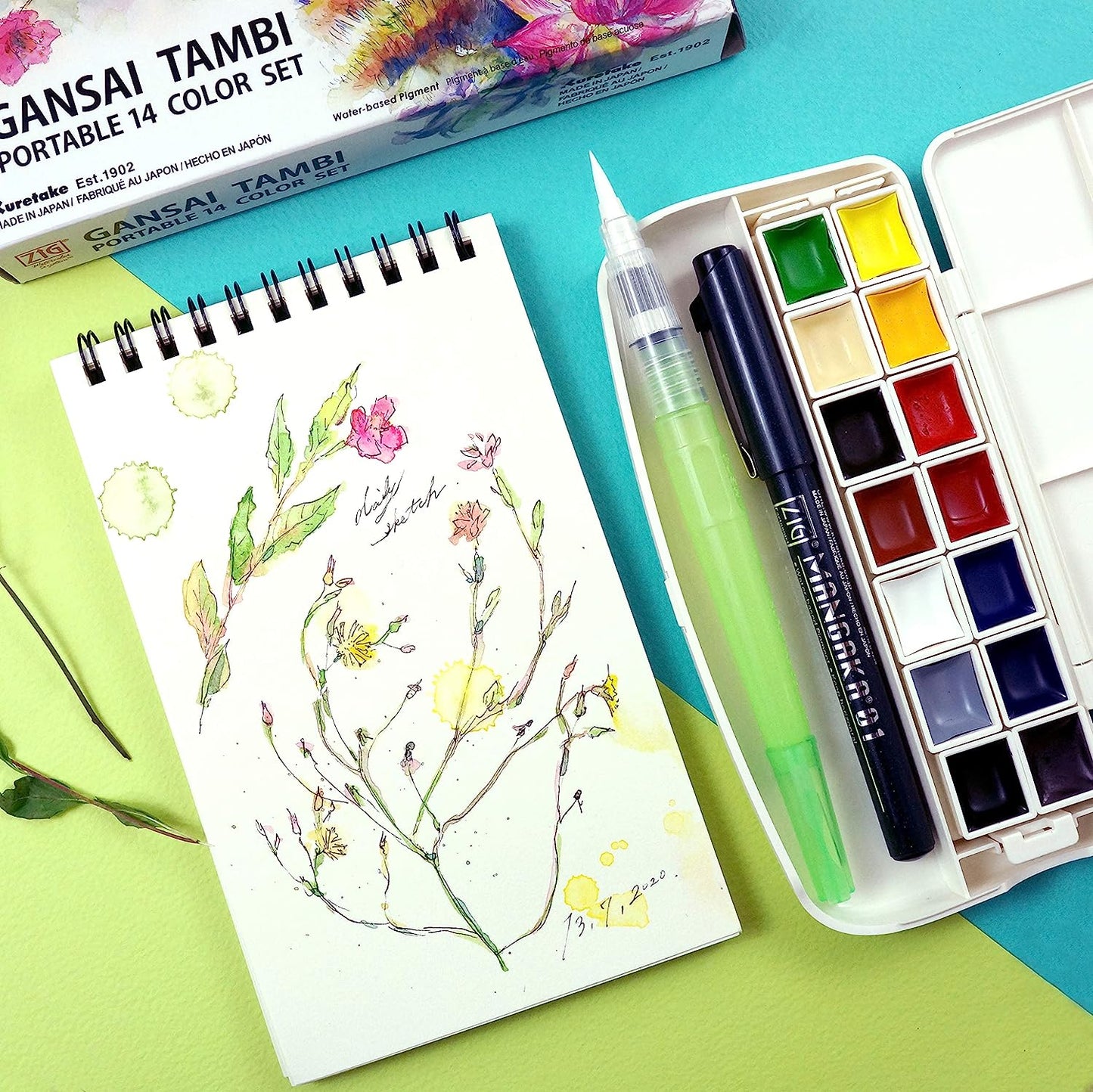 KURETAKE ZIG - Gansai Tambi Portable 14-Color Set Acuarela