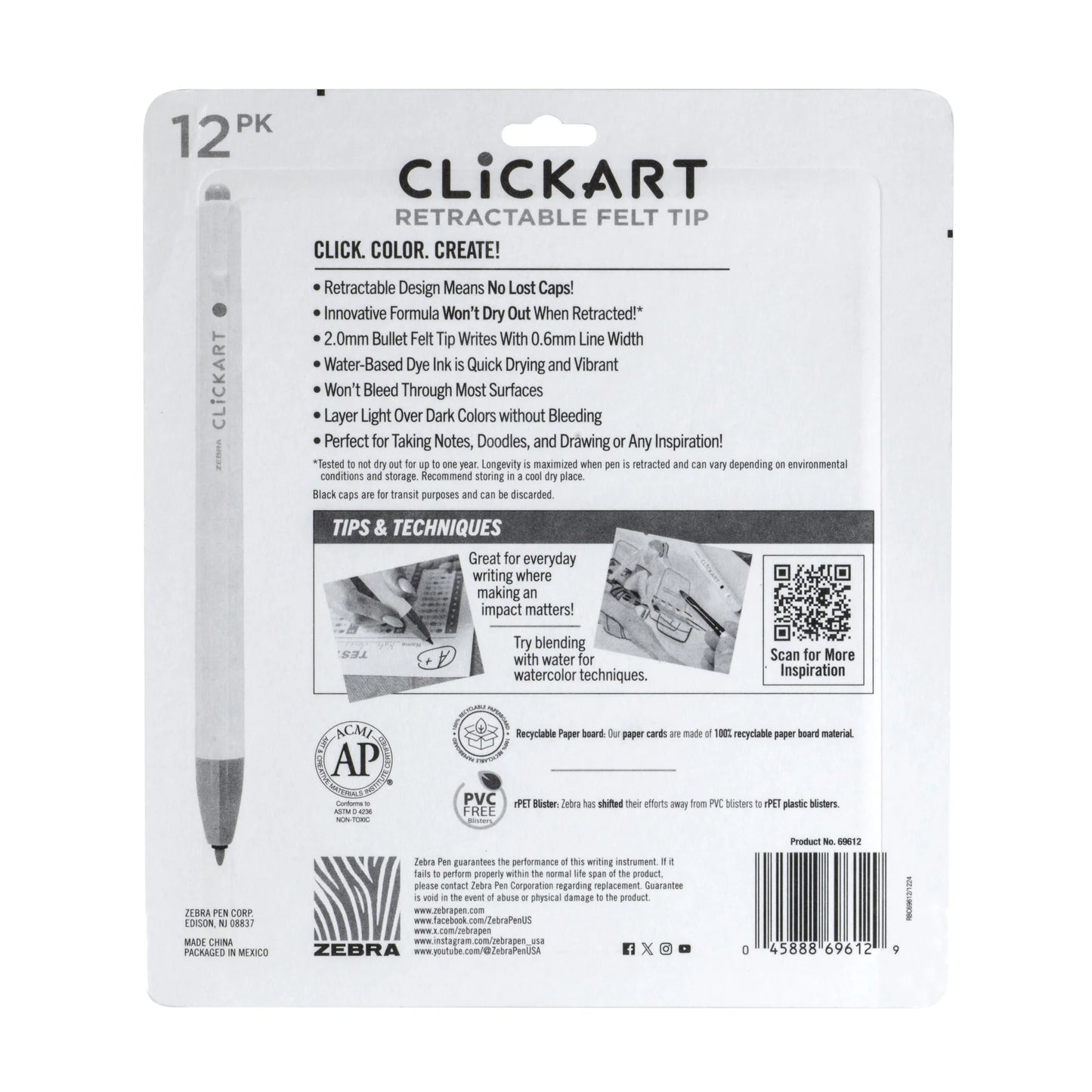 Zebra - Clickart Retractable Felt Tip Pen - 12 Pack - Pastel Colors - 2.0mm