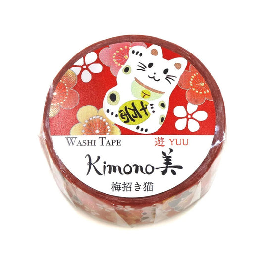 Kimono Beauty Washi Tape - Yuu - Plum Beckoning Cat - 25mm x 5m