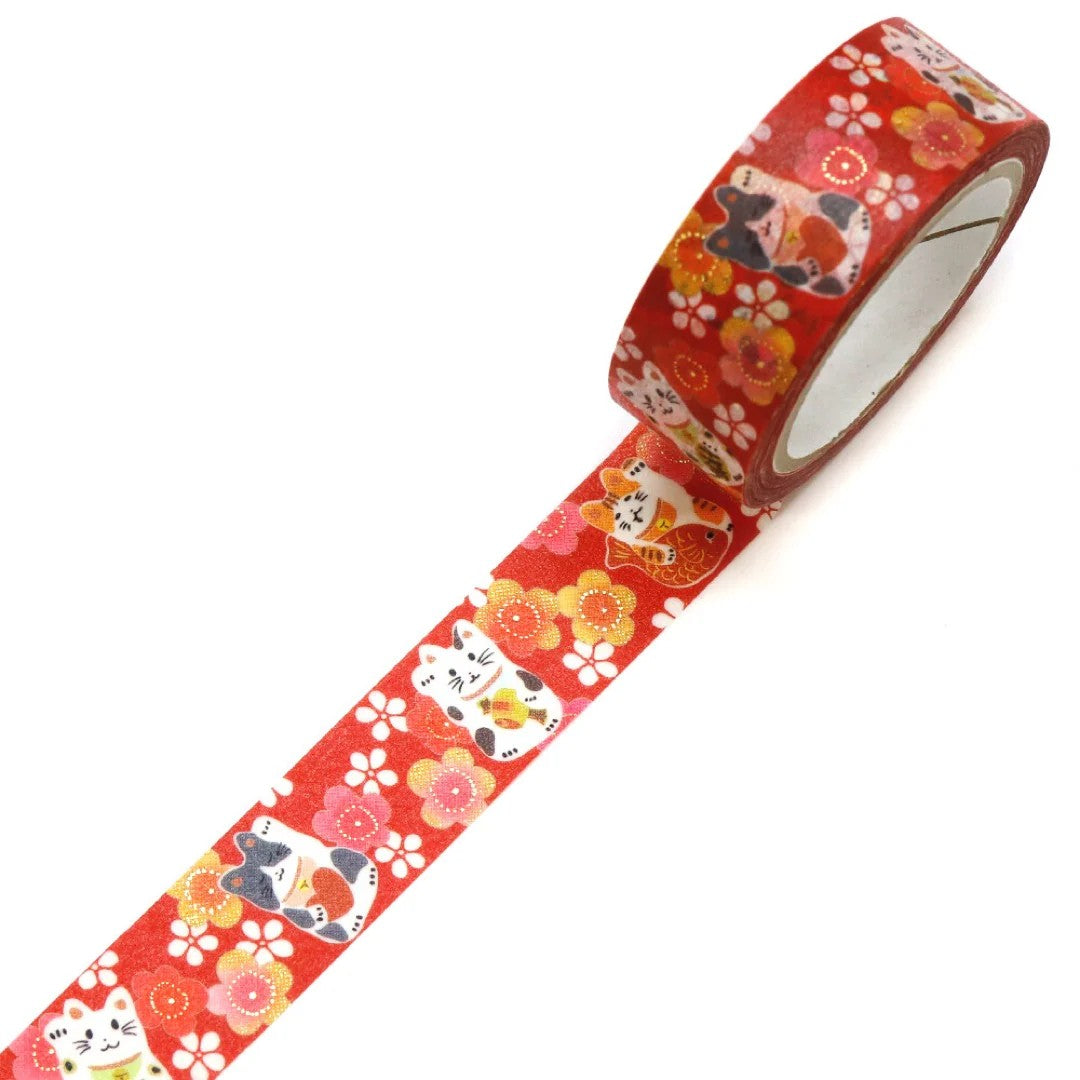 Kimono Beauty Washi Tape - Yuu - Plum Beckoning Cat - 25mm x 5m