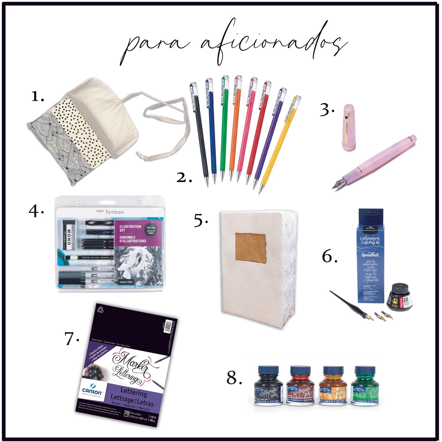 Regalos para aficionados. Tenemos Libretas Lamali, Bolígrafos Mattehop de Pentel, Plumas Fuente Jinhao #82, El set de Ilustración de Tombow, El set de Caligrafía y tipografía de Speedball, la Libreta de Canson y tintas de Winsor & Newton para caligrafía