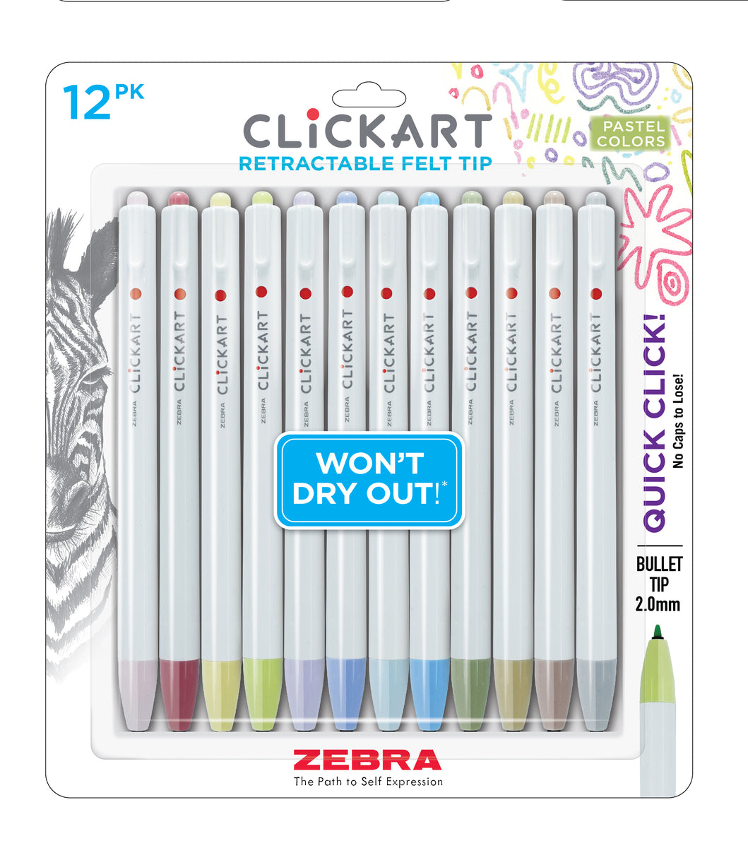Zebra - Clickart Retractable Felt Tip Pen - 12 Pack - Pastel Colors - 2.0mm