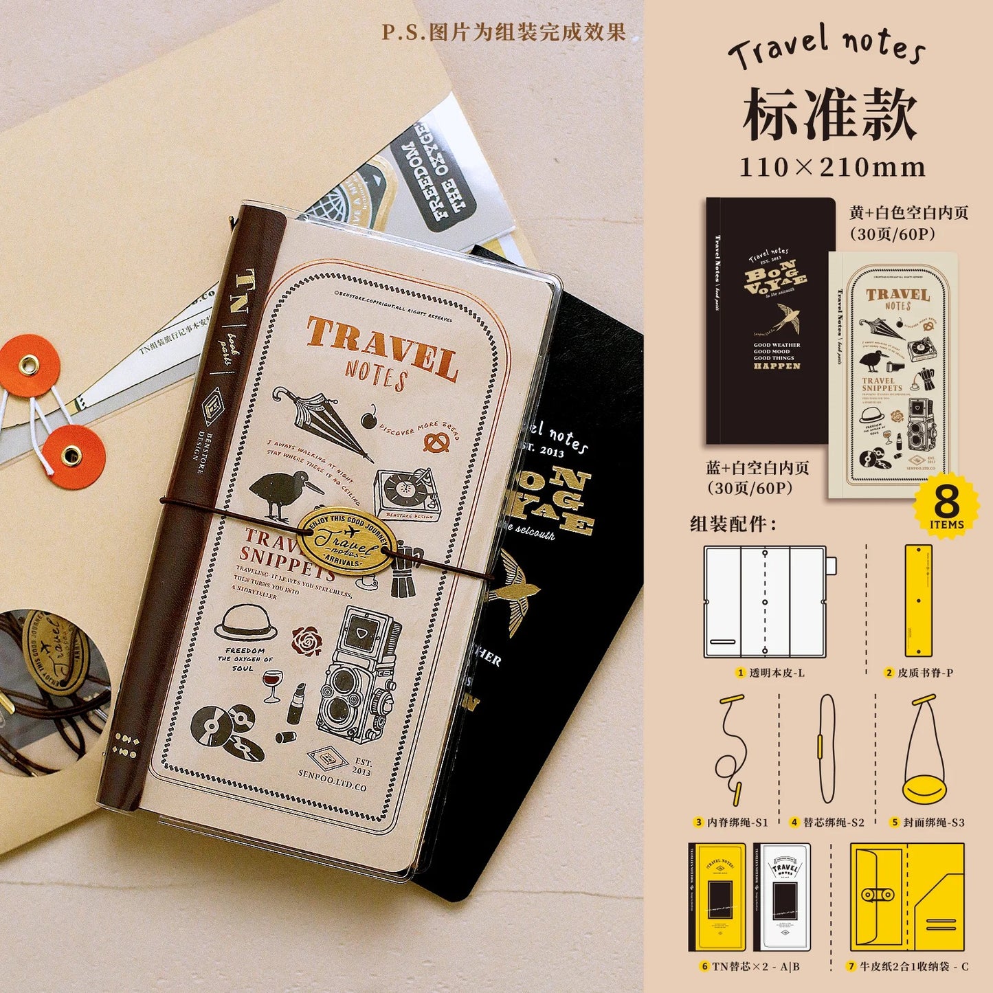 Benstore Design - Travelers Notebook con Cubierta Transparente - Bon Voyage