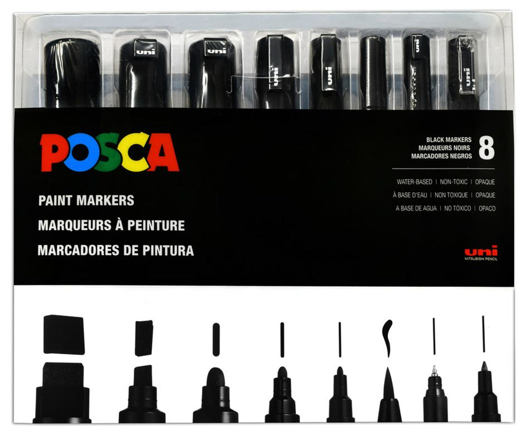 POSCA - Set de Marcadores 8 Tamaños de Punta (Color Negro Solamente)