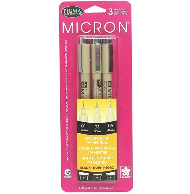 SAKURA - Pigma Micron Pen Sets, Black Ink, 3-Pen Set