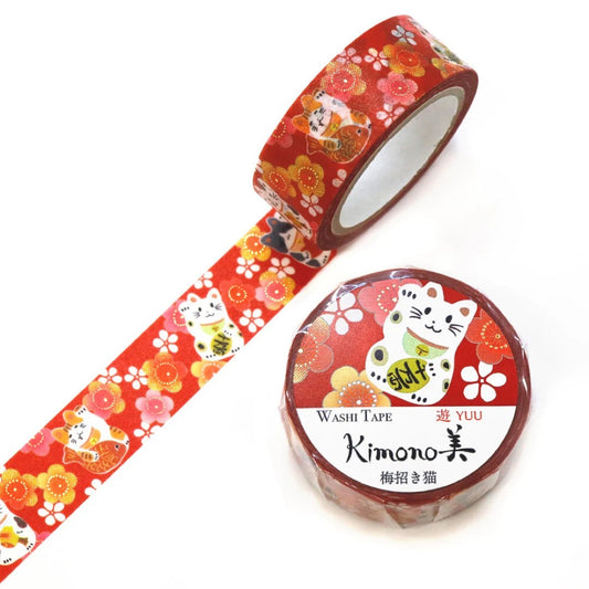 Kimono Beauty Washi Tape - Yuu - Plum Beckoning Cat  - 25mm x 5m